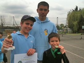 Winner Benjy and runner up Li Jun in Green Tournament with coach Ollie Gan